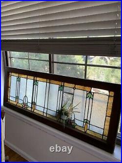 ANTIQUE STAINED GLASS LARGE TRANSOM WINDOW, 52 x 18 Original Frame ca. 1910s