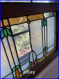ANTIQUE STAINED GLASS LARGE TRANSOM WINDOW, 52 x 18 Original Frame ca. 1910s