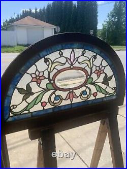 ANTIQUE STAINED GLASS TRANSOM WINDOW 19 JEWELS BEVELED 39.5 x 23 SALVAGE