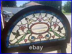 ANTIQUE STAINED GLASS TRANSOM WINDOW 19 JEWELS BEVELED 39.5 x 23 SALVAGE