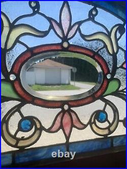 ANTIQUE STAINED GLASS TRANSOM WINDOW 19 JEWELS BEVELED 39.5 x 23 SALVAGE