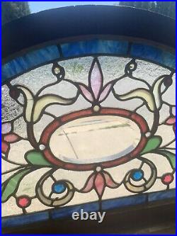 ANTIQUE STAINED GLASS TRANSOM WINDOW 19 JEWELS BEVELED 39.5 x 23 SALVAGE