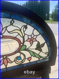 ANTIQUE STAINED GLASS TRANSOM WINDOW 19 JEWELS BEVELED 39.5 x 23 SALVAGE