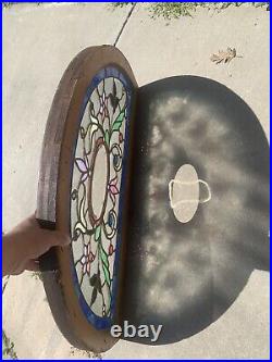 ANTIQUE STAINED GLASS TRANSOM WINDOW 19 JEWELS BEVELED 39.5 x 23 SALVAGE