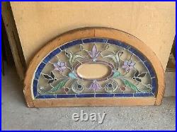 ANTIQUE STAINED GLASS TRANSOM WINDOW 19 JEWELS BEVELED 39.5 x 23 SALVAGE