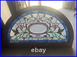 ANTIQUE STAINED GLASS TRANSOM WINDOW 19 JEWELS BEVELED 39.5 x 23 SALVAGE