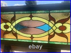 ANTIQUE STAINED GLASS TRANSOM WINDOW 48 x 18.25 ARCHITECTURAL SALVAGE