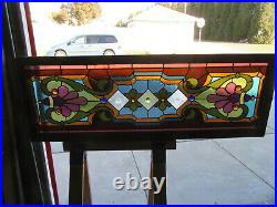 ANTIQUE STAINED GLASS TRANSOM WINDOW 62 x 22 ARCHITECTURAL SALVAGE