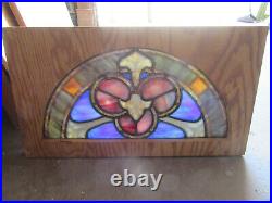 ANTIQUE STAINED GLASS TRANSOM WINDOW PAINTED KILN FIRED 3/3 25 x 14 SALVAGE