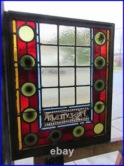 ANTIQUE STAINED GLASS WINDOW 10 JEWELS 23.5 x 28.5 ARCHITECTURAL SALVAGE