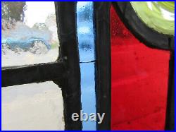 ANTIQUE STAINED GLASS WINDOW 10 JEWELS 23.5 x 28.5 ARCHITECTURAL SALVAGE