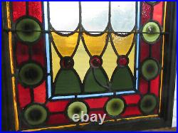 ANTIQUE STAINED GLASS WINDOW 15 JEWELS 23.5 x 28 ARCHITECTURAL SALVAGE