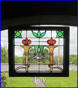 ANTIQUE STAINED GLASS WINDOW, 2 TORCHES, NYC area salvage, 1920s ANTIQUE STAINED GLASS WINDOW, 2 TORCHES, NYC area salvage, 1920s