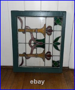 ANTIQUE STAINED GLASS WINDOW, 2 TORCHES, NYC area salvage, 1920s ANTIQUE STAINED GLASS WINDOW, 2 TORCHES, NYC area salvage, 1920s
