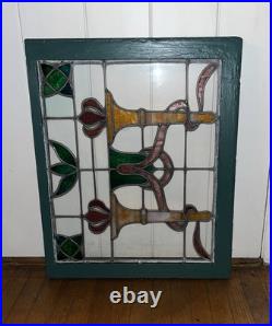 ANTIQUE STAINED GLASS WINDOW, 2 TORCHES, NYC area salvage, 1920s ANTIQUE STAINED GLASS WINDOW, 2 TORCHES, NYC area salvage, 1920s