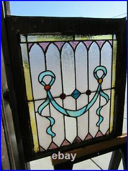 ANTIQUE STAINED GLASS WINDOW 5 JEWELS 24.5 x 27.25 ARCHITECTURAL SALVAGE