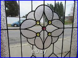 ANTIQUE STAINED GLASS WINDOW 5 JEWELS 31.25 x 34.5 ARCHITECTURAL SALVAGE