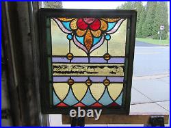 ANTIQUE STAINED GLASS WINDOW 7 JEWELS 23.5 x 26.75 ARCHITECTURAL SALVAGE