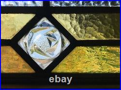ANTIQUE STAINED GLASS WINDOW, BEVELED ETCHED CENTERPIECE AND 8 ROSES, 1920s VGC
