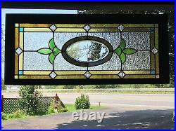 ANTIQUE STAINED GLASS WINDOW, BEVELED ETCHED CENTERPIECE AND 8 ROSES, 1920s VGC