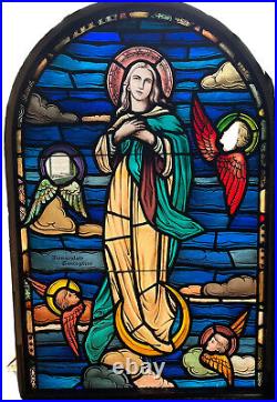 ANTIQUE STAINED GLASS WINDOW, CHERUBS, IMMACULATE CONCEPTION 1930s PHILA PA