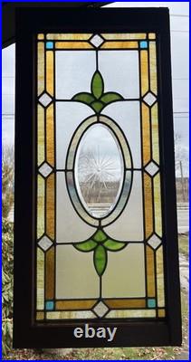 ANTIQUE STAINED GLASS WINDOW, etched beveled leaded COAL REGION OF PA 1930s