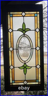 ANTIQUE STAINED GLASS WINDOW, etched beveled leaded COAL REGION OF PA 1930s