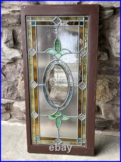 ANTIQUE STAINED GLASS WINDOW, etched beveled leaded COAL REGION OF PA 1930s