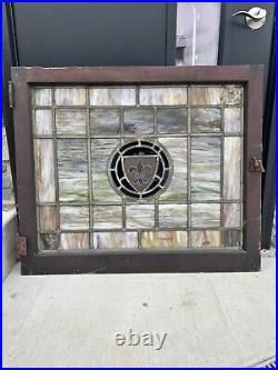 ANTIQUE STAINED GLASS WINDOW with Frame Fleur-de-lis ARCHITECTURAL SALVAGE