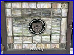 ANTIQUE STAINED GLASS WINDOW with Frame Fleur-de-lis ARCHITECTURAL SALVAGE