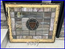 ANTIQUE STAINED GLASS WINDOW with Frame Fleur-de-lis ARCHITECTURAL SALVAGE