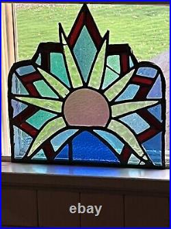 ANTIQUE STAINED LEADED GLASS CHURCH WINDOW SECTION FOR REPURPOSE 1930s SUNRISE