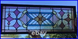 ANTIQUE STAINED LEADED GLASS TRANSOM WINDOW With JEWELS