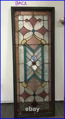 ANTIQUE STAINED LEADED GLASS TRANSOM WINDOW With JEWELS