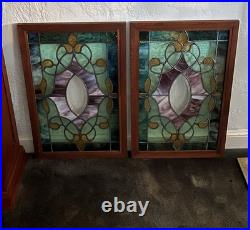 ANTIQUE VICTORIAN STAINED LEADED GLASS WINDOW SET(2) 1930s very good condition ANTIQUE VICTORIAN STAINED LEADED GLASS WINDOW SET(2) 1930s very good condition
