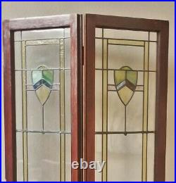 ANTIQUE c1910 LEADED SLAG STAINED GLASS BIFOLD FRENCH BOOKCASE CABINET DOORS