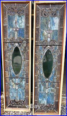 AWESOME PAIR OF ANTIQUE VICTORIAN STAINED GLASS SIDELIGHT WINDOWS 15 1/2 By 60