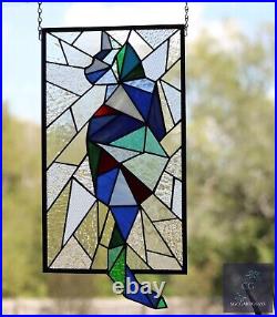 Abstract Stained Glass Cat, Window Panel, Hanging Art, Modern