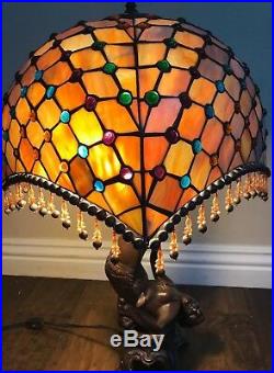 Amazing Bronze Woman Art Nouveau Leaded Stained Glass Shade Beaded Lamp