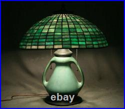 American Table Lamp Leaded Glass Bronze & Potery Ceramic Base Early 20th Century