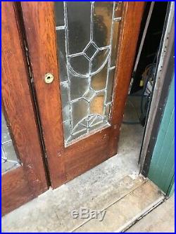An557 Pair Antique Oak leaded glass double doors 48 x 83 3/8