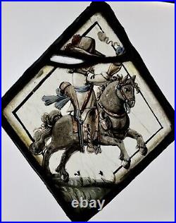 Antique 17th Century Stained Glass Window Panel Dutch Soldier Horse Baroque Man