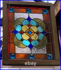 Antique 1880's Victorian Stained Leaded Glass Window with Chunk Jewels 28 x 22
