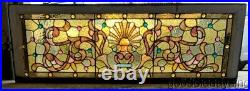 Antique 1890's Victorian Stained Leaded Glass Transom Window with 36 Jewels 52x18