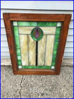 Antique 1920's Chicago Bungalow Style Stained Leaded Glass Window 24 3/8 x 20