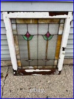 Antique 1920's Chicago Bungalow Style Stained Leaded Glass Window 29 x 24