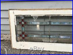 Antique 1920's Stained Leaded Glass Transom Window Red & Blue 28 x 14