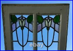 Antique 2 Light Window Leaded Stained Tulip Slag Glass 17x29 VTG Old 994-20B