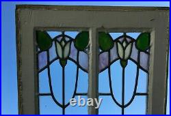 Antique 2 Light Window Leaded Stained Tulip Slag Glass 17x29 VTG Old 994-20B