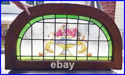 Antique ARCHED TRANSOM LEADED, STAINED  GLASS WINDOW (French kiln painted)